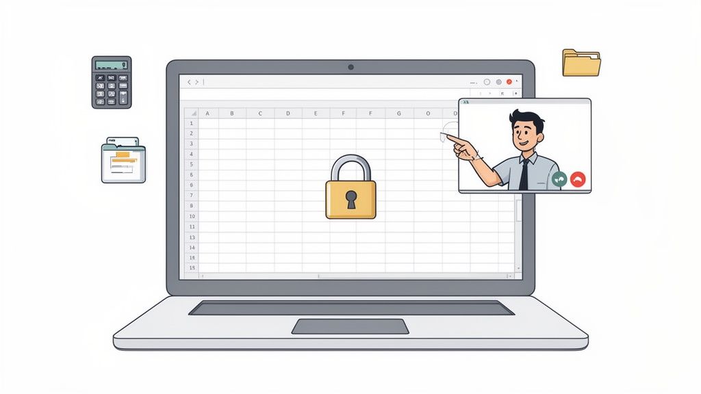 A laptop displays a spreadsheet with a padlock, while a man on a video call points to it, with calculator and document icons nearby.