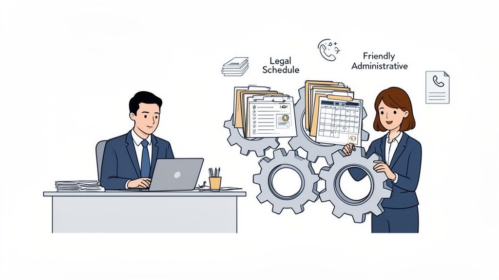 Illustration of a man on a laptop and a woman managing legal, administrative tasks with gears.