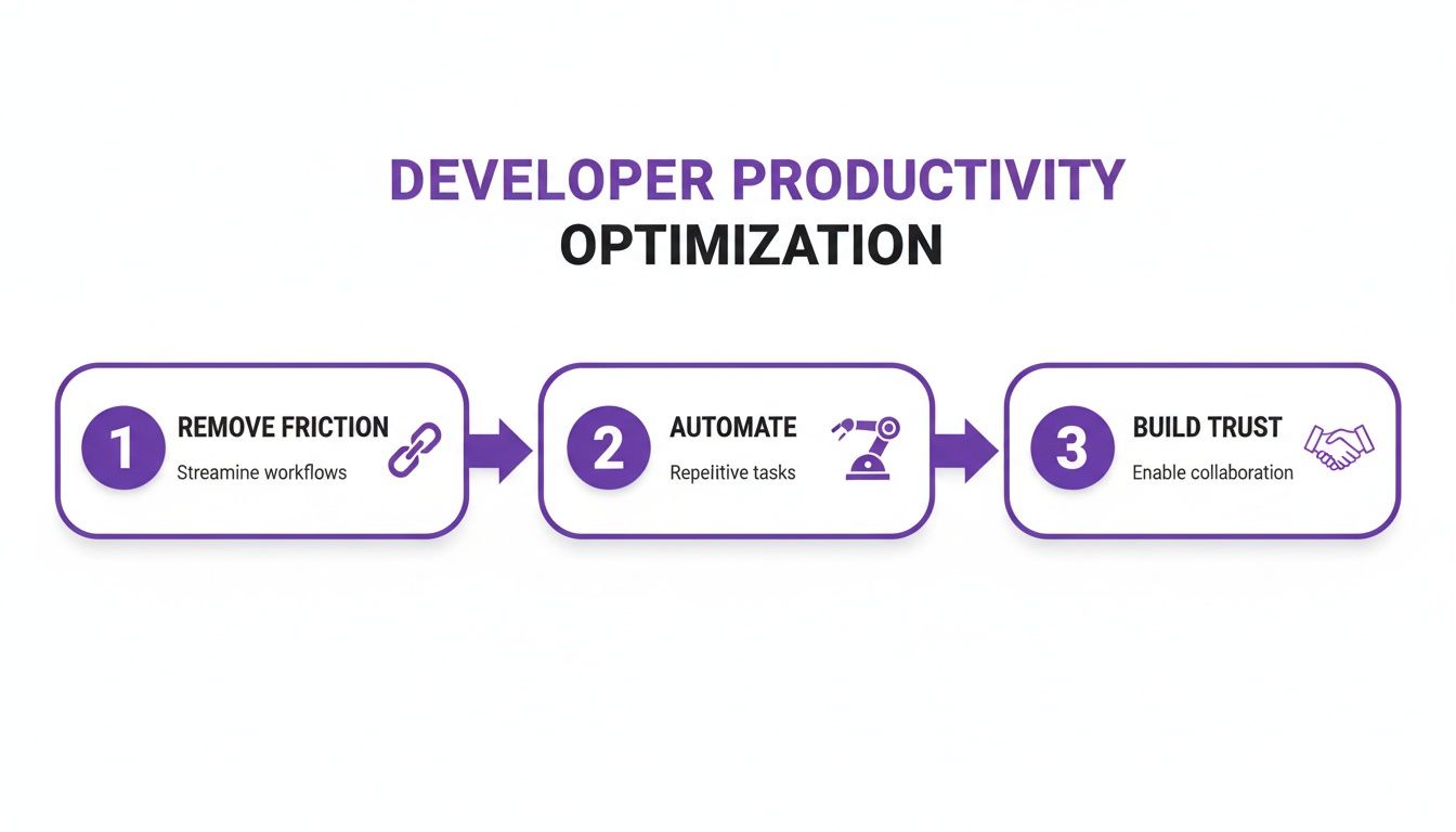 A three-step diagram showing developer productivity optimization: remove friction, automate, and build trust.