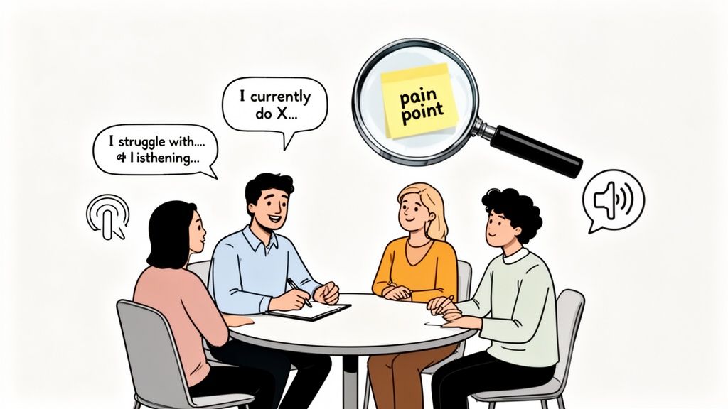 Illustration of a diverse group identifying user pain points and struggles during a discussion.