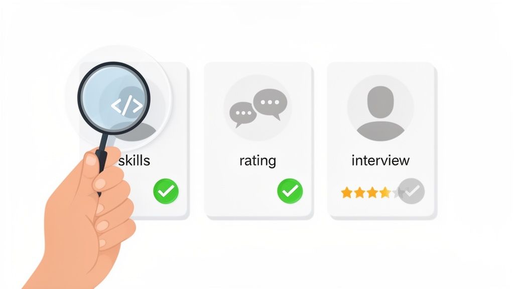 A hand with a magnifying glass examining candidate skills, ratings, and interview results, marked with checkmarks.