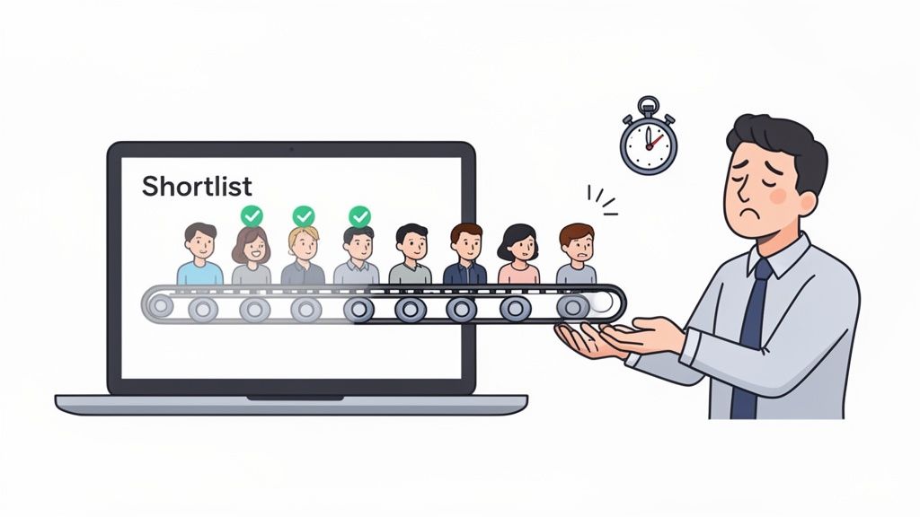 Frustrated man struggles with candidates coming off a laptop's 'Shortlist' conveyor belt under time pressure.
