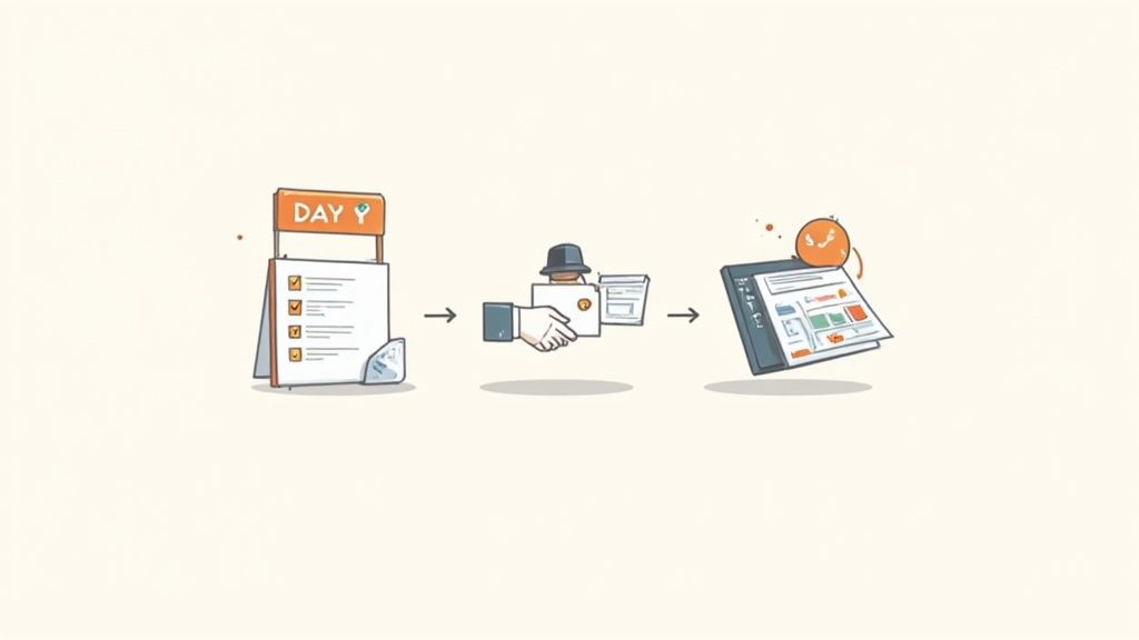 Three-step workflow illustration showing task checklist, handshake agreement, and project dashboard with notifications