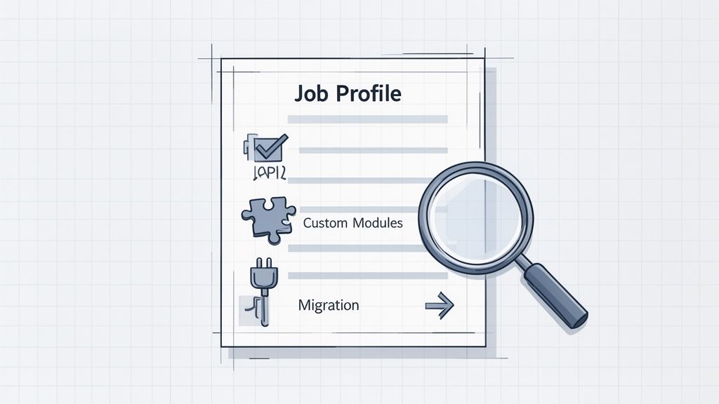 Sketched job profile document showing API, Custom Modules, and Migration, examined by a magnifying glass.
