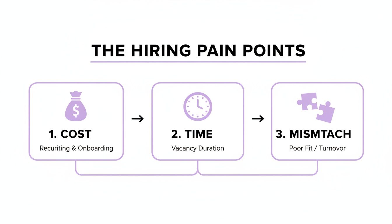 An infographic detailing three hiring pain points: cost, time, and mismatch, with their descriptions.