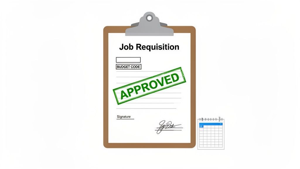 A job requisition form on a clipboard with a green 'APPROVED' stamp and a signature.