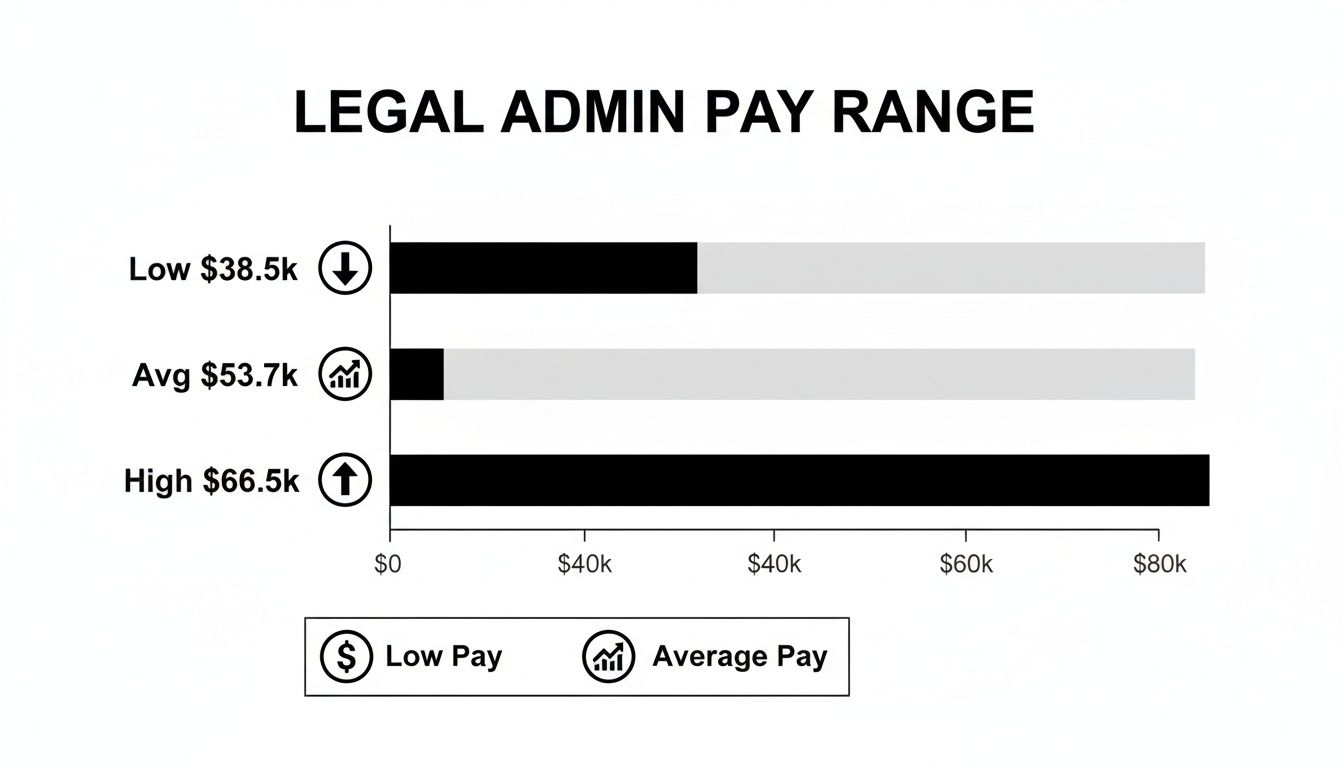 Bar chart displaying Legal Admin Pay Range, showing Low $38.5k, Average $53.7k, and High $66.5k.