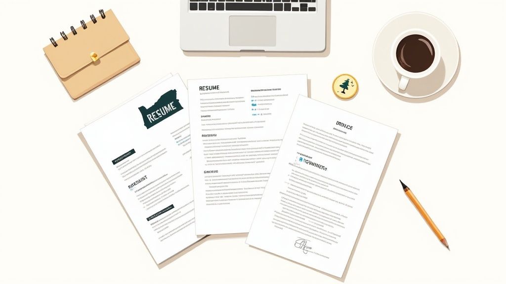 A top-down view of a desk with a laptop, coffee, notebook, scattered resumes, and a pencil.