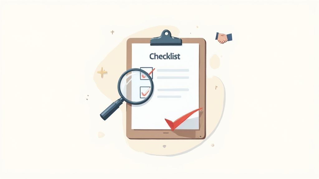 A checklist on a clipboard with a magnifying glass examining completed items, symbolizing review and agreement.