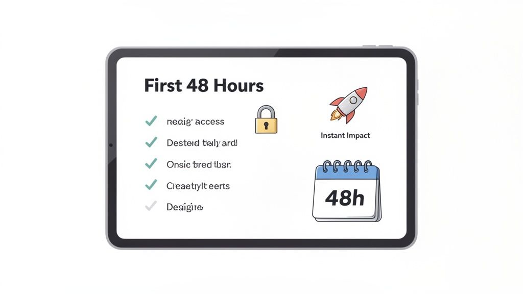 A tablet displays a 'First 48 Hours' plan with a checklist, lock, rocket, and calendar icons.
