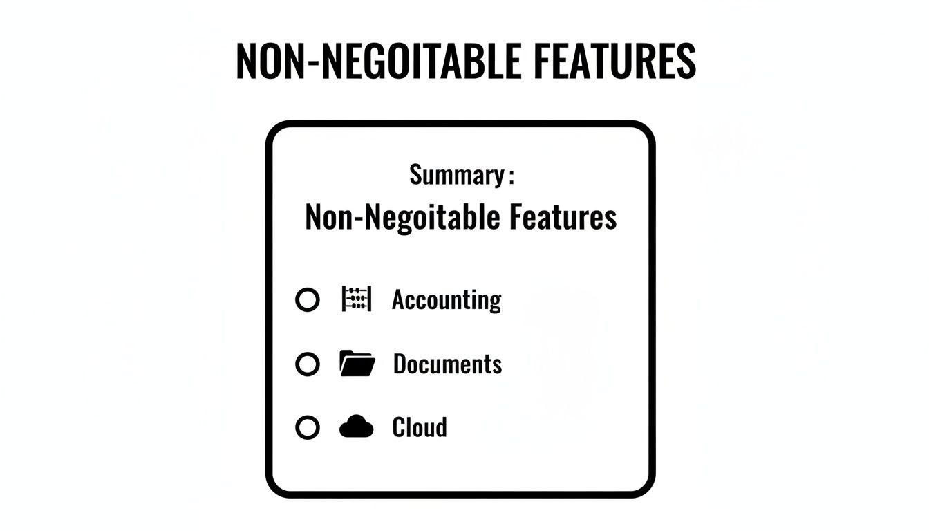 A list of non-negotiable features: Accounting, Documents, and Cloud with respective icons.