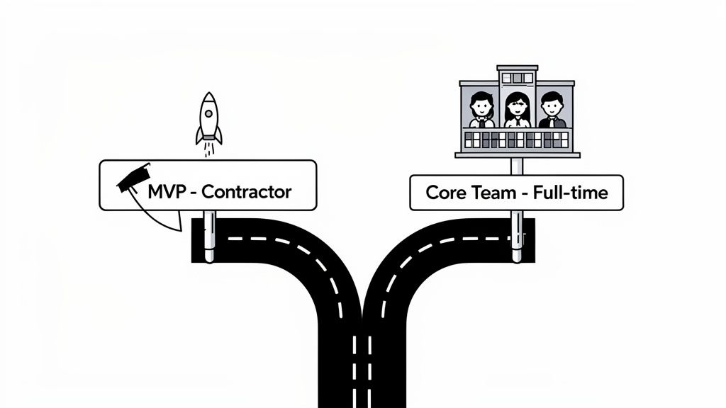 A fork in the road illustrating two team options: MVP contractors versus a core full-time team.