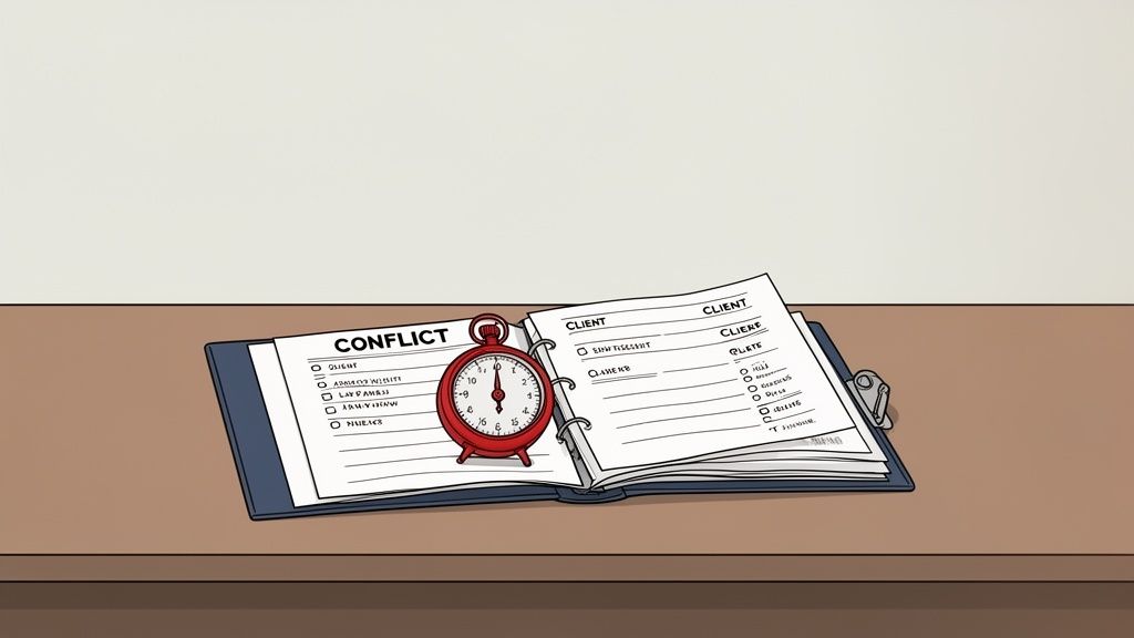 An open binder on a wooden desk, displaying 'Conflict' and 'Client' pages with a red alarm clock.