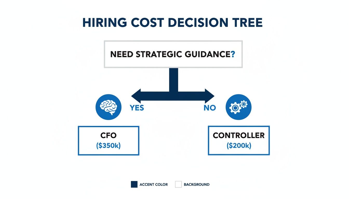 A hiring cost decision tree illustrating the choice between a CFO and a Controller based on strategic guidance needs.