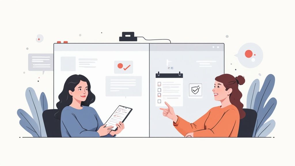 Two women collaborate on a video call, reviewing tasks and discussing business online.