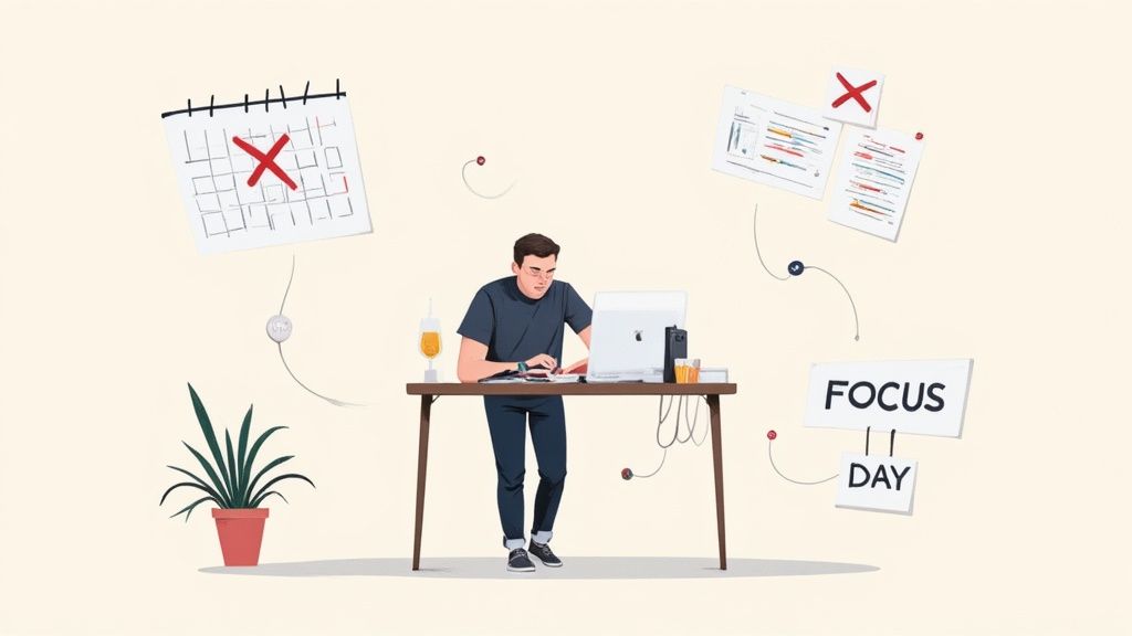 A developer looking stressed while surrounded by icons representing meetings, notifications, and code errors.