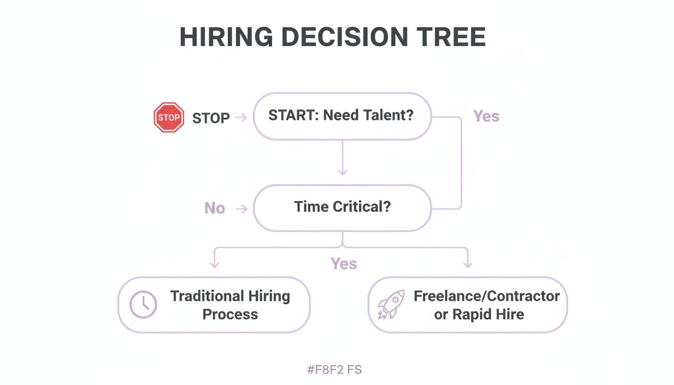 A hiring decision tree flowchart guiding recruitment based on talent need and time urgency.