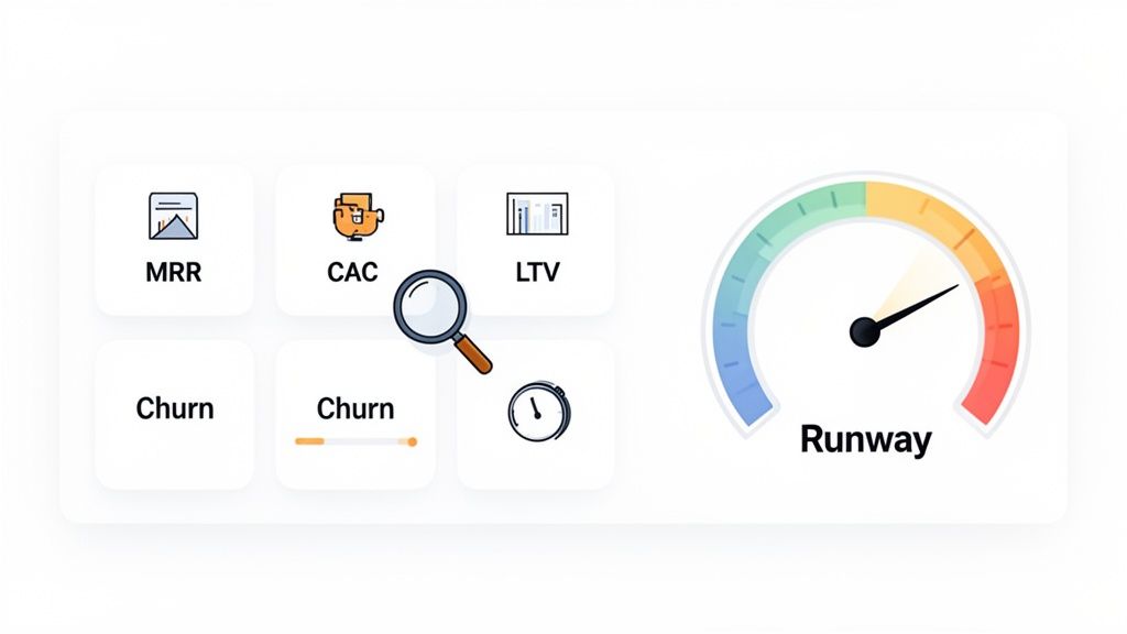 Dashboard displaying business metrics like MRR, CAC, LTV, Churn, and a 'Runway' gauge for financial analysis.