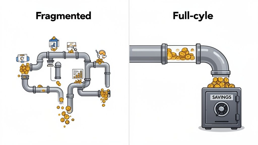 An illustration comparing fragmented and full-cycle processes for money flow, showing inefficiency versus direct savings.