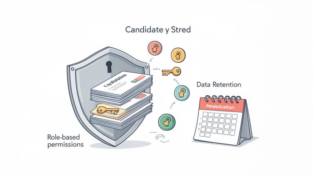 Illustration of secure candidate data management with role-based permissions and data retention.