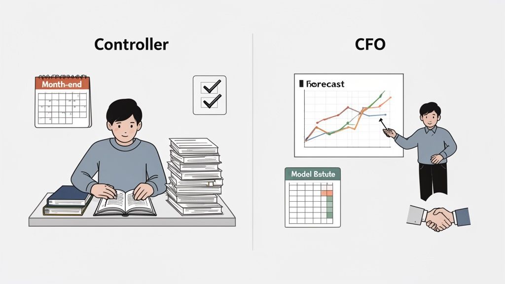 Illustration comparing a Controller's tasks like month-end closing to a CFO's strategic forecasting and deals.