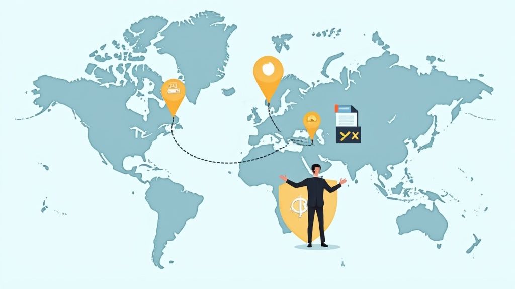 An illustration of a world map with global contract management and financial protection.