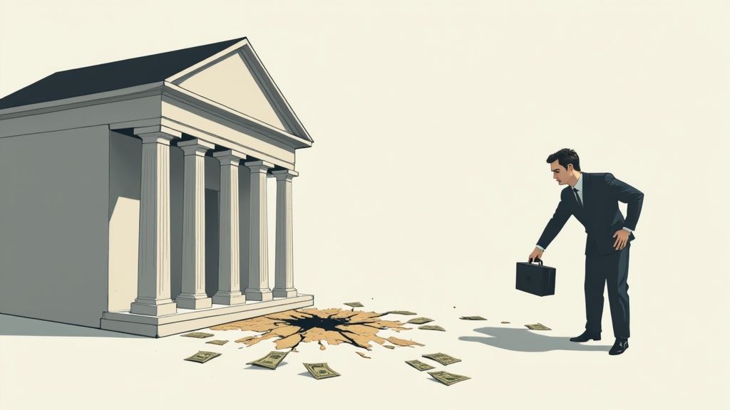 A businessman in a suit observes money falling into a deep pit outside a classical bank building, symbolizing financial loss.