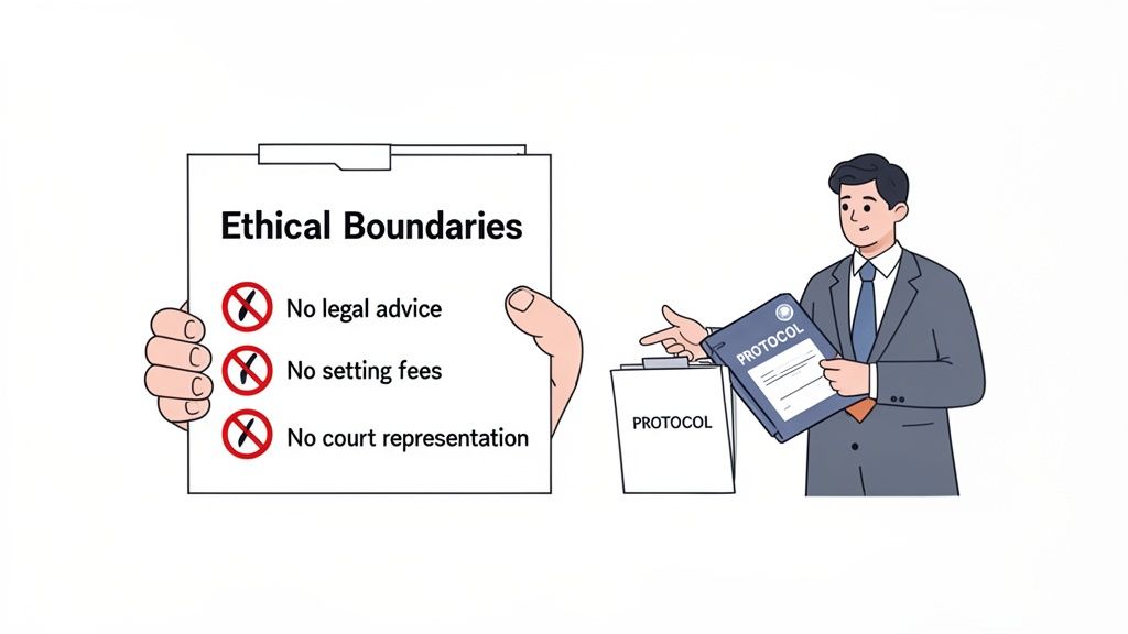 A paralegal follows ethical boundaries, not giving legal advice, setting fees, or providing court representation.