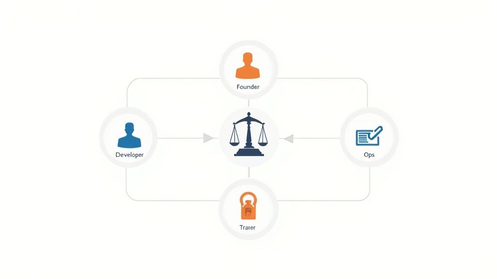 Diagram showing a central scales of justice icon connected to Founder, Developer, Ops, and Trater roles.