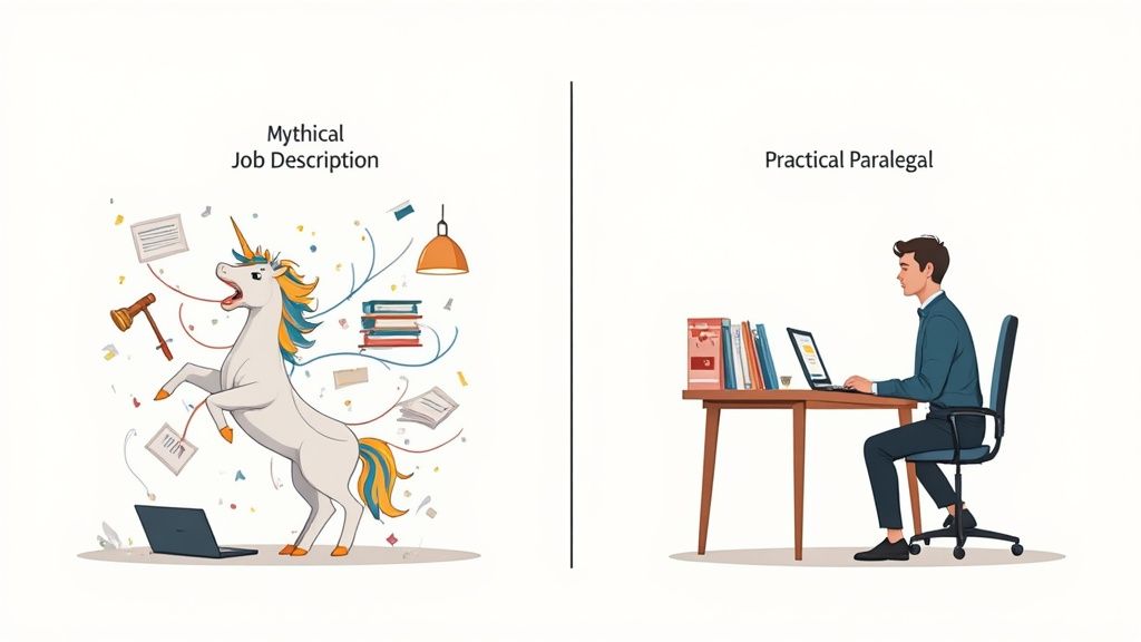 A mythical job description with a unicorn contrasts a practical paralegal working on a laptop.