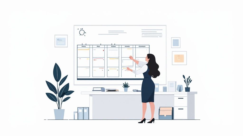 A legal assistant managing documents and schedules in a modern office