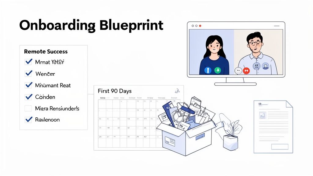 A detailed blueprint for successful remote employee onboarding, featuring a checklist, video call, 90-day plan, and welcome kit.