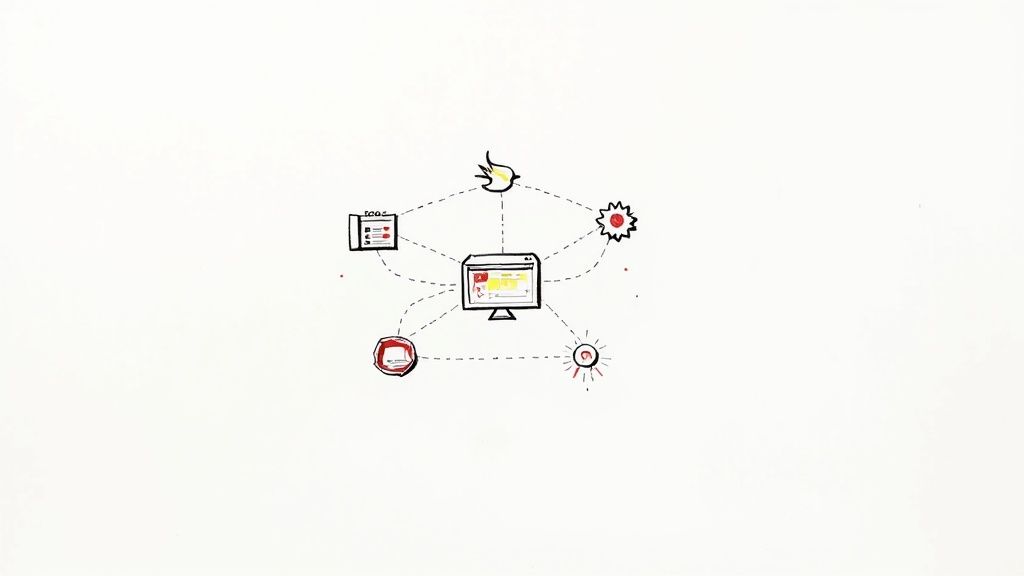 A strategic diagram showing different channels for recruitment strategy and sourcing, including social media, job boards, referrals, and career fairs.