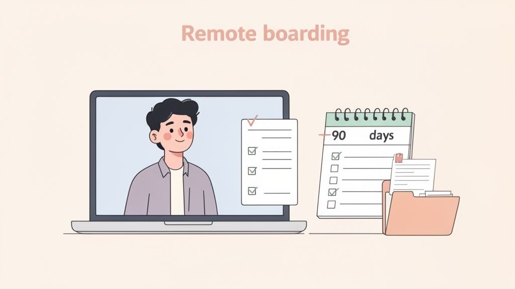 An illustration of a man on a laptop screen with a checklist, a '90 days' calendar, and documents, representing remote onboarding.