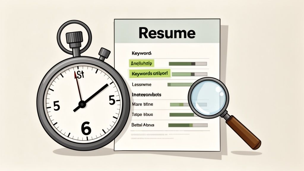 A stopwatch, resume document with keywords and progress bars, and a magnifying glass, symbolizing resume optimization.