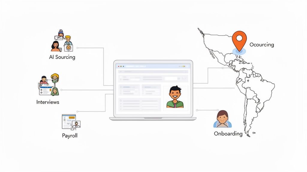 Diagram showing a laptop connecting various HR processes like AI sourcing, interviews, payroll, onboarding, and ocoursing on a map.