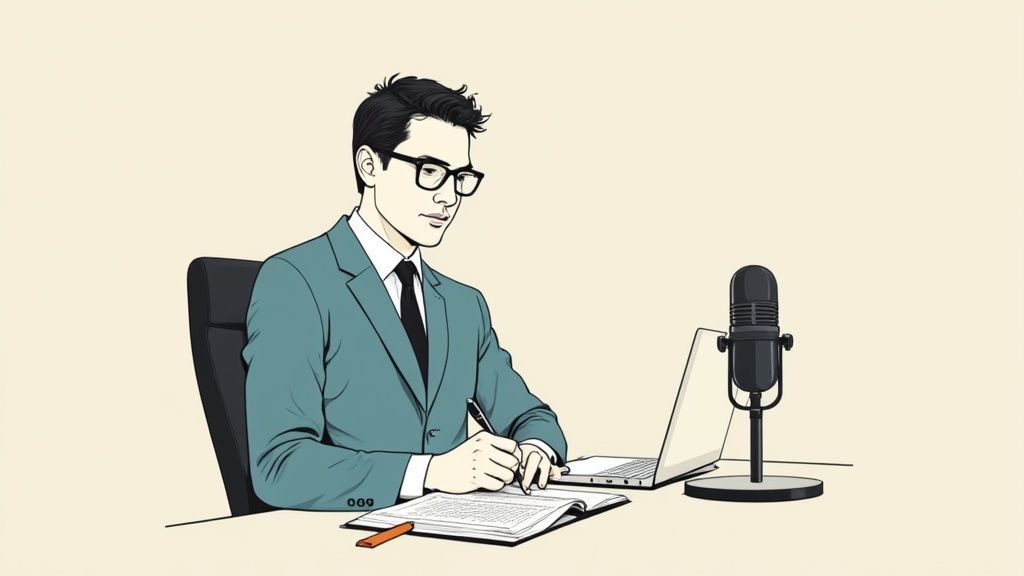 A man in a suit and glasses writes at a desk, with a laptop and a studio microphone.