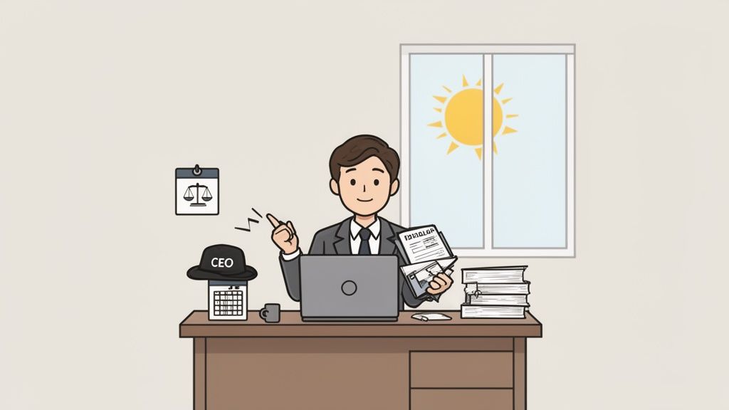 Cartoon man working at a desk with laptop, documents, and legal symbols, bathed in sunlight.