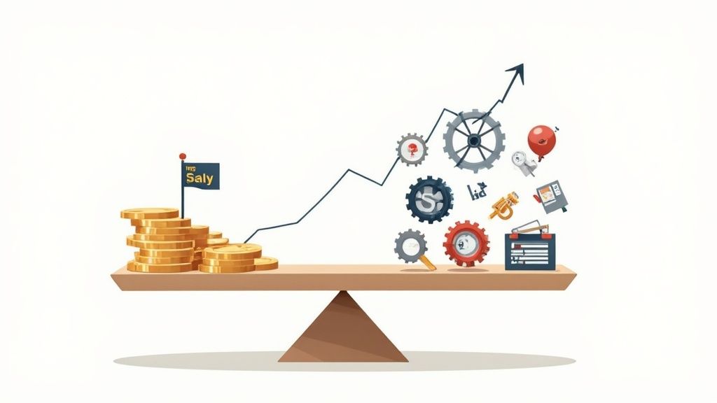 A graph showing a rising arrow and money bags, symbolizing a positive return on investment.