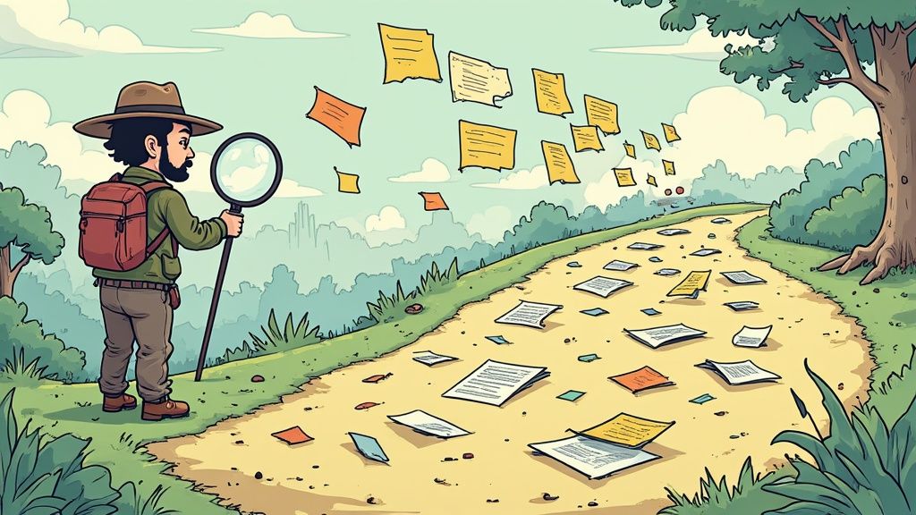 Magnifying glass over a messy desk, representing a process audit