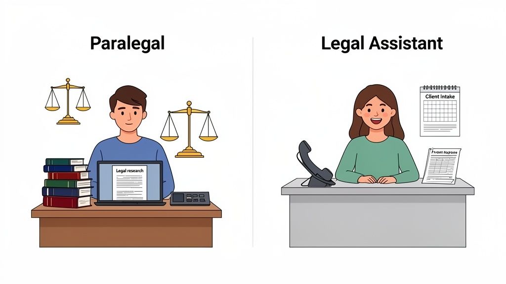An illustration comparing a paralegal doing legal research with books and laptop, and a legal assistant handling client intake.