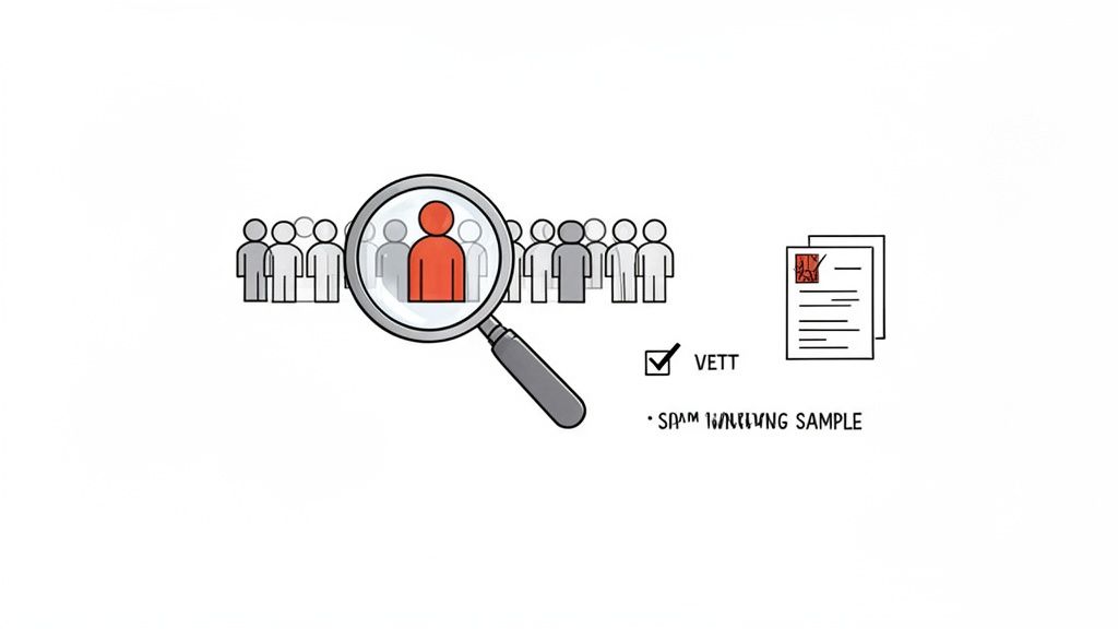 Magnifying glass highlights one person from a group, next to a 'VETT' checkbox and documents.