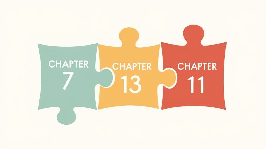 Three filing cabinets labeled Chapter 7, Chapter 13, and Chapter 11