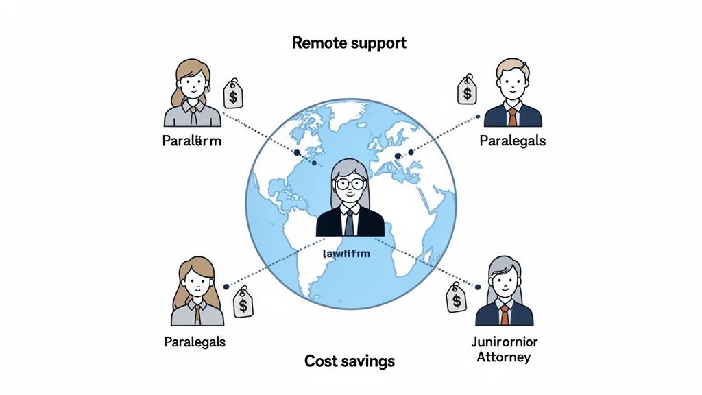 Illustration of a law firm utilizing remote global paralegal and junior attorney support for cost savings.