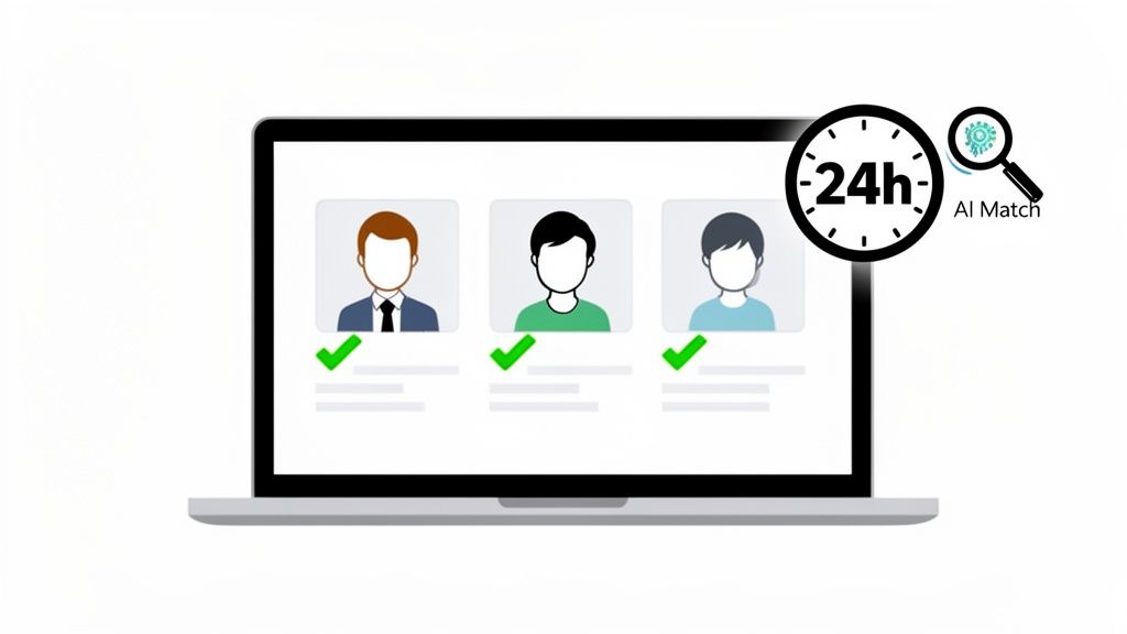 Laptop screen displaying three user profiles with green checkmarks, accompanied by 24h clock and AI Match icon.