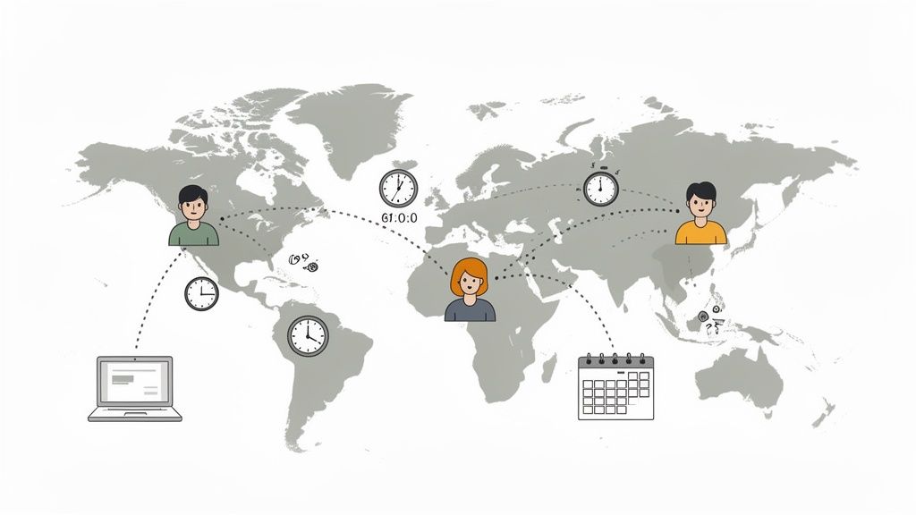 Illustration of a world map with people and icons representing global remote work and time zones.