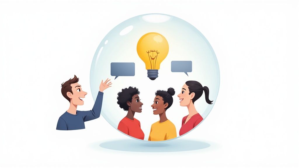 Cartoon illustration of a diverse group of people brainstorming ideas within a protective bubble.