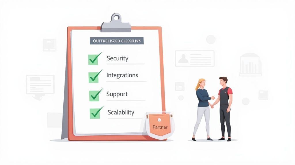 Illustration of a business partnership, showing a checklist for security, integrations, support, and scalability.