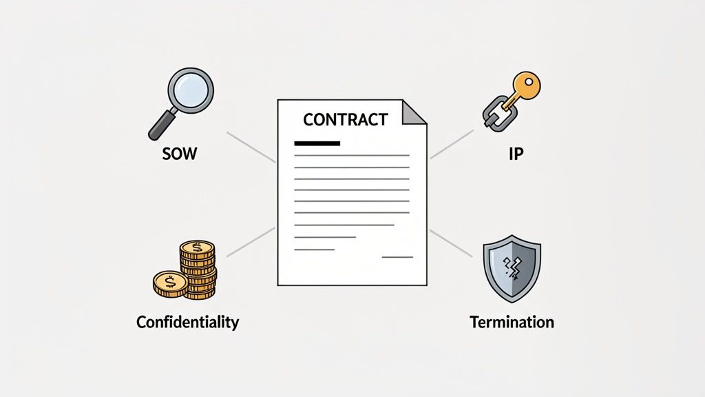An illustration of a contract surrounded by key clauses: SOW, IP, Confidentiality, and Termination.