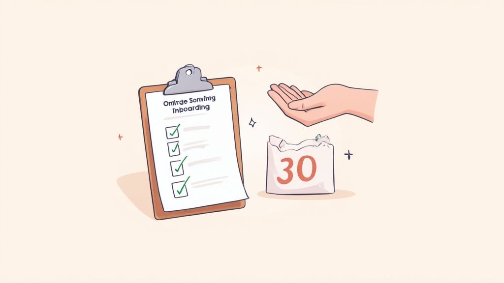 Illustration of a clipboard with an 'Online Servicing Onboarding' checklist, a hand, and a bag with '30'.